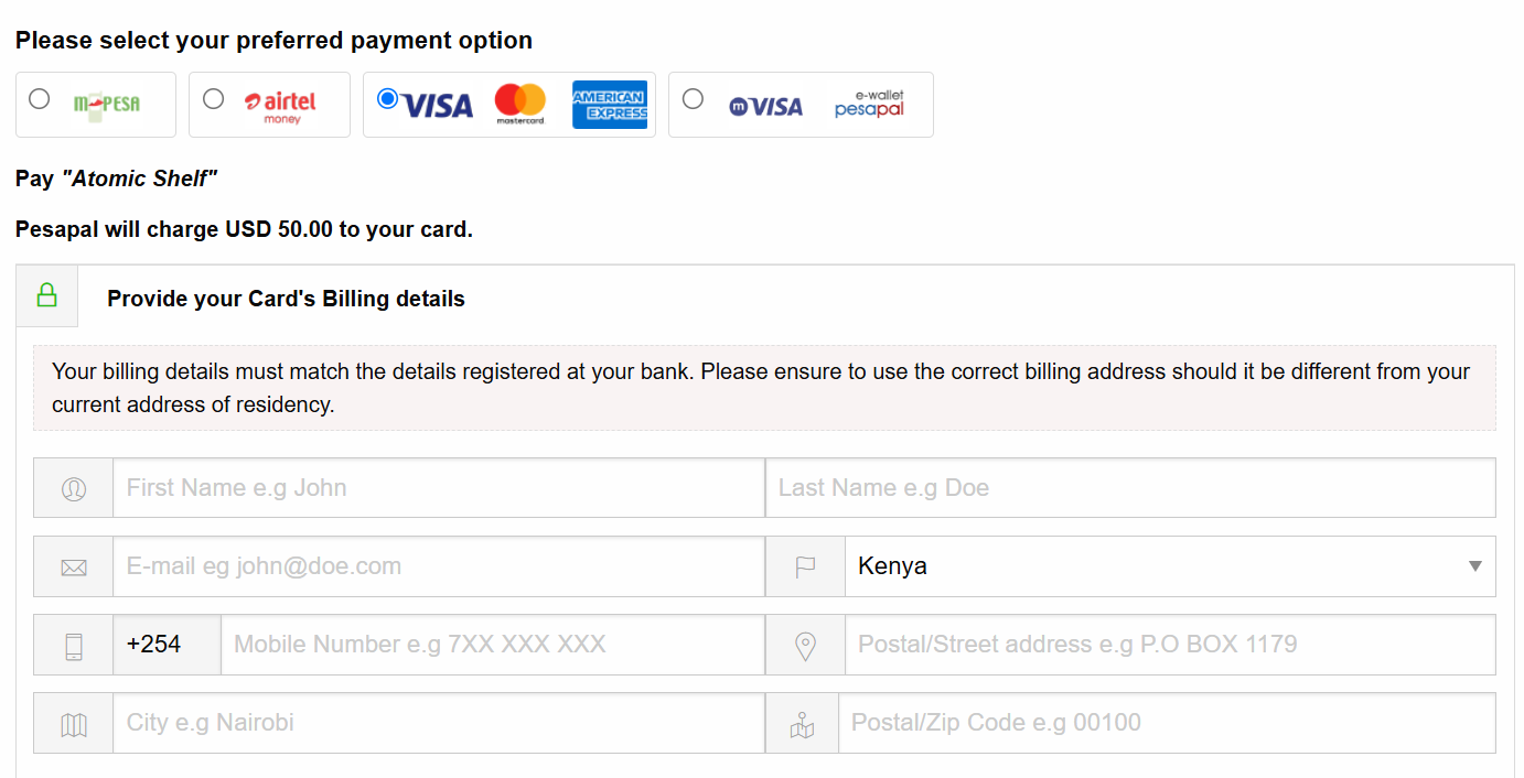 Payment options screen — select Visa/Mastercard/Discover